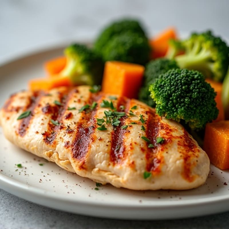 Grilled Chicken Breast with Roasted Sweet Potato and Broccoli