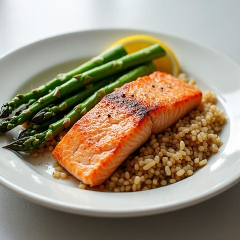 Seared Salmon with Steamed Asparagus and Brown Rice