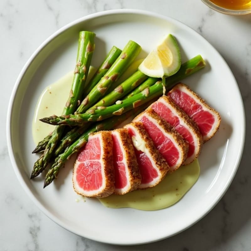 Seared Ahi Tuna with Creamy Wasabi Mayo and Crispy Roasted Asparagus