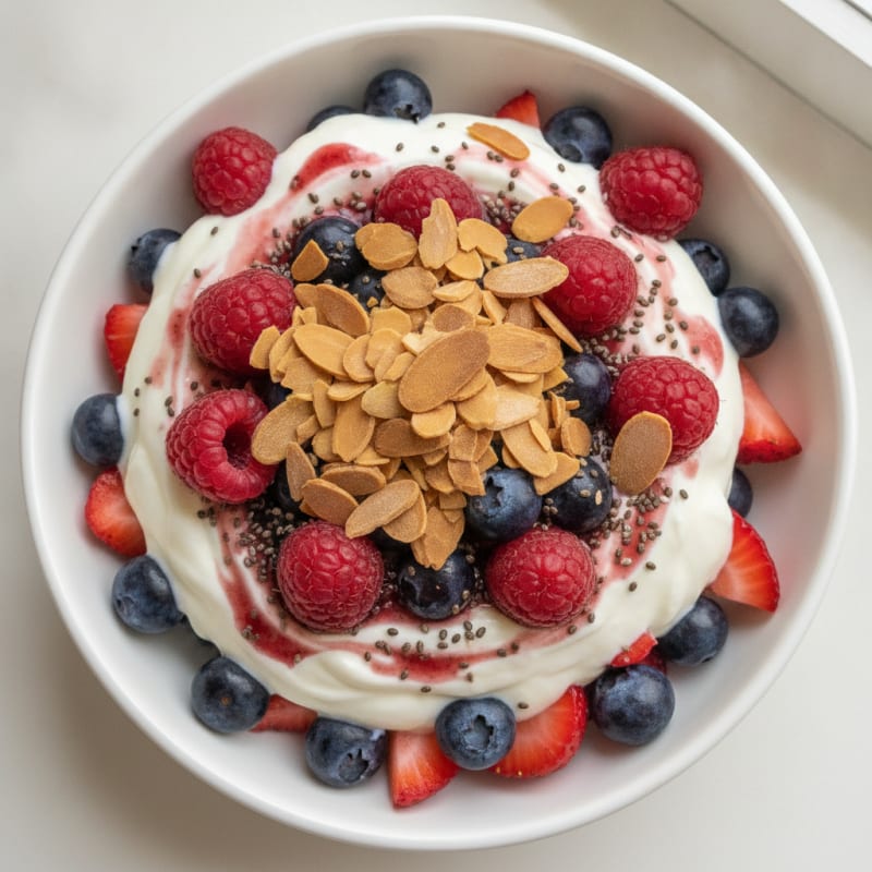 Greek Yogurt Protein Parfait with Mixed Berries and Almonds