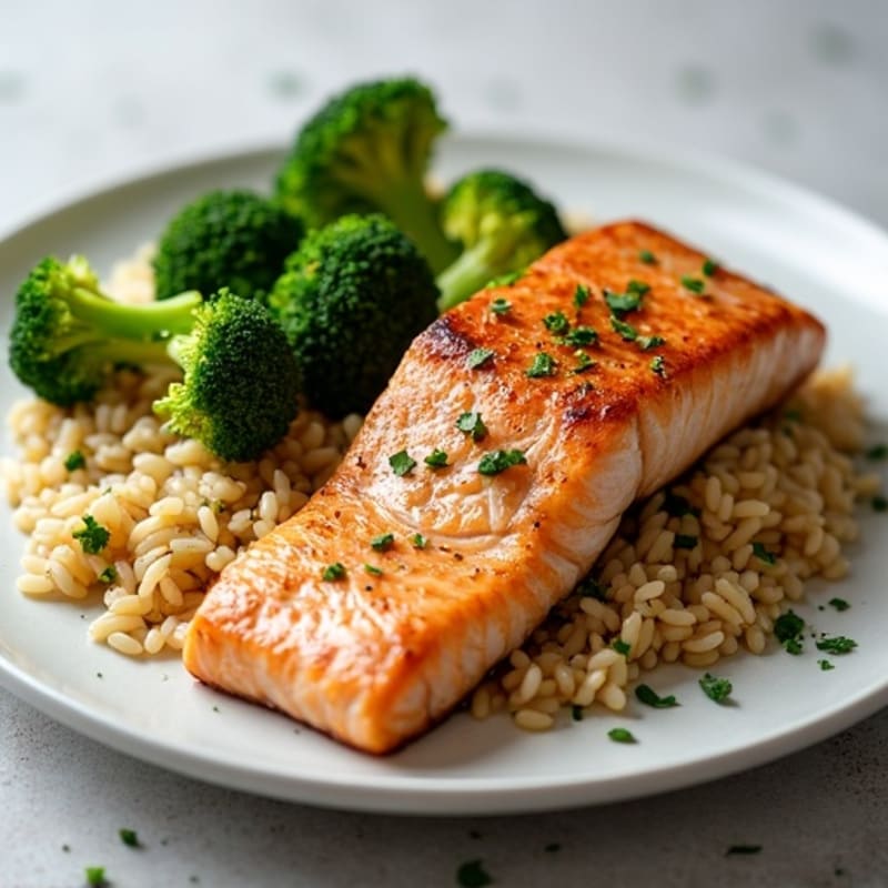 Seared Salmon with Steamed Broccoli and Garlic Brown Rice