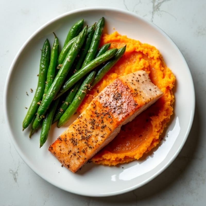 Seared Salmon with Garlic Green Beans and Sweet Potato Mash