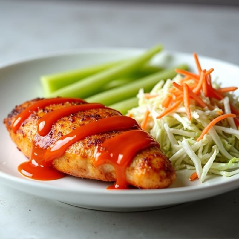Spicy Baked Buffalo Chicken with Creamy Ranch Slaw and Crispy Celery Sticks