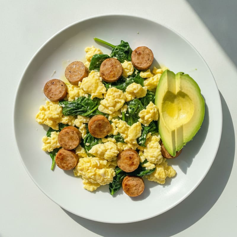 Scrambled Eggs with Chicken Sausage and Spinach