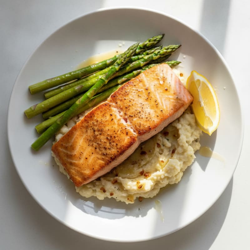 Seared Salmon Fillet with Steamed Asparagus and Garlic Mashed Cauliflower