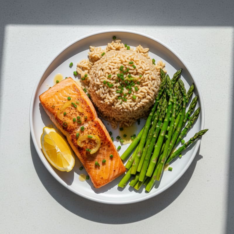 Seared Salmon with Steamed Asparagus and Brown Rice