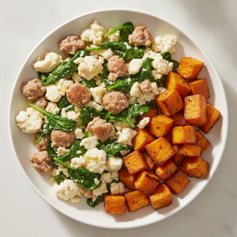 Egg White and Turkey Sausage Scramble with Spinach and Roasted Sweet Potato