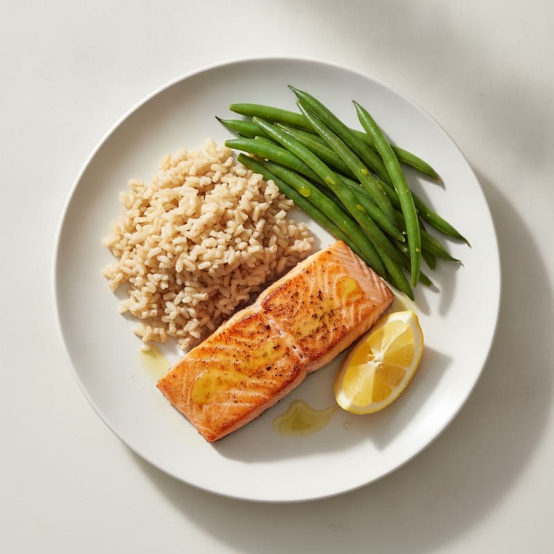 Seared Salmon Fillet with Steamed Green Beans and Brown Rice