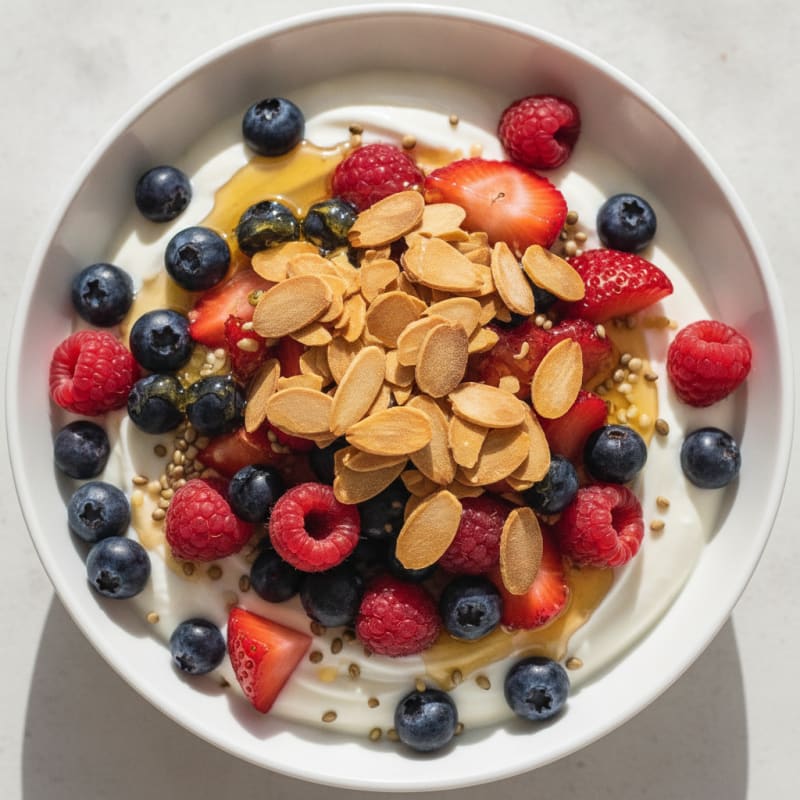 Greek Yogurt Protein Parfait with Mixed Berries and Almonds