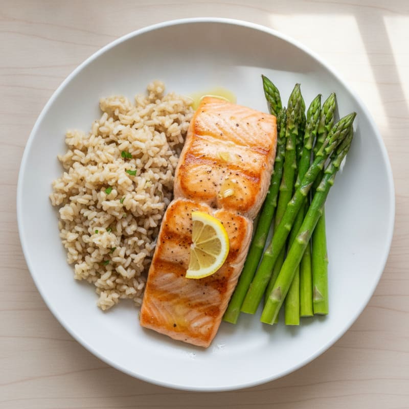 Seared Salmon with Steamed Asparagus and Brown Rice