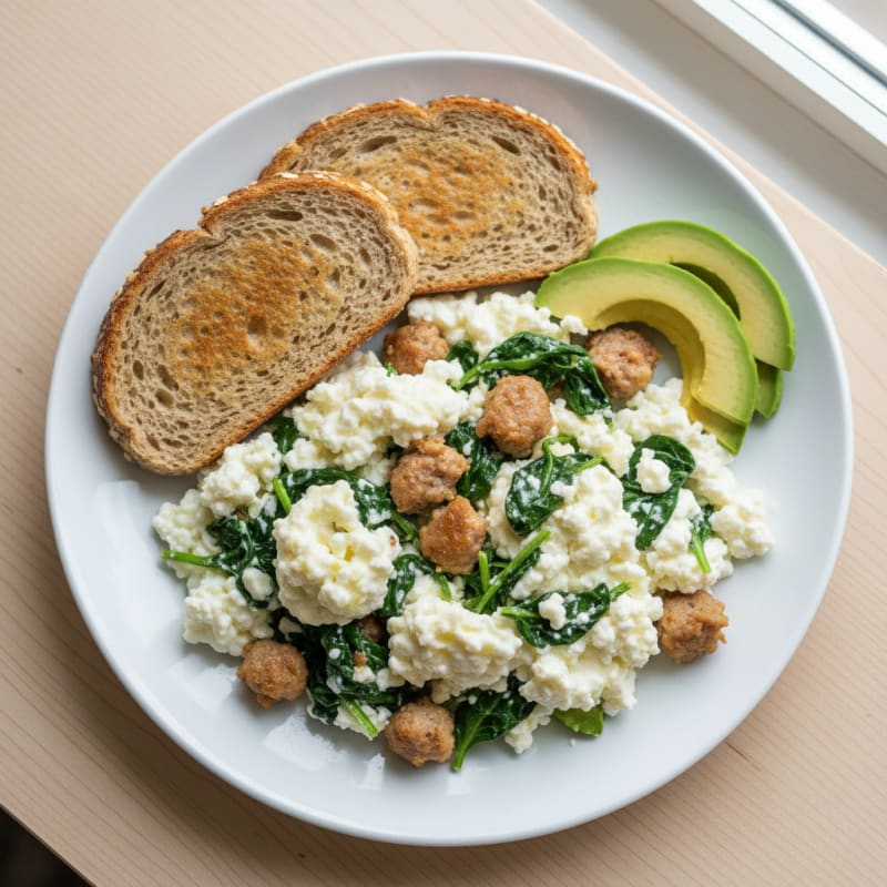 Egg White and Turkey Sausage Scramble with Spinach and Cottage Cheese
