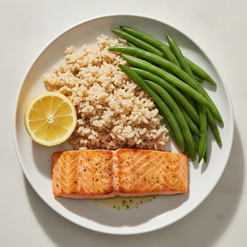 Seared Salmon with Steamed Green Beans and Brown Rice
