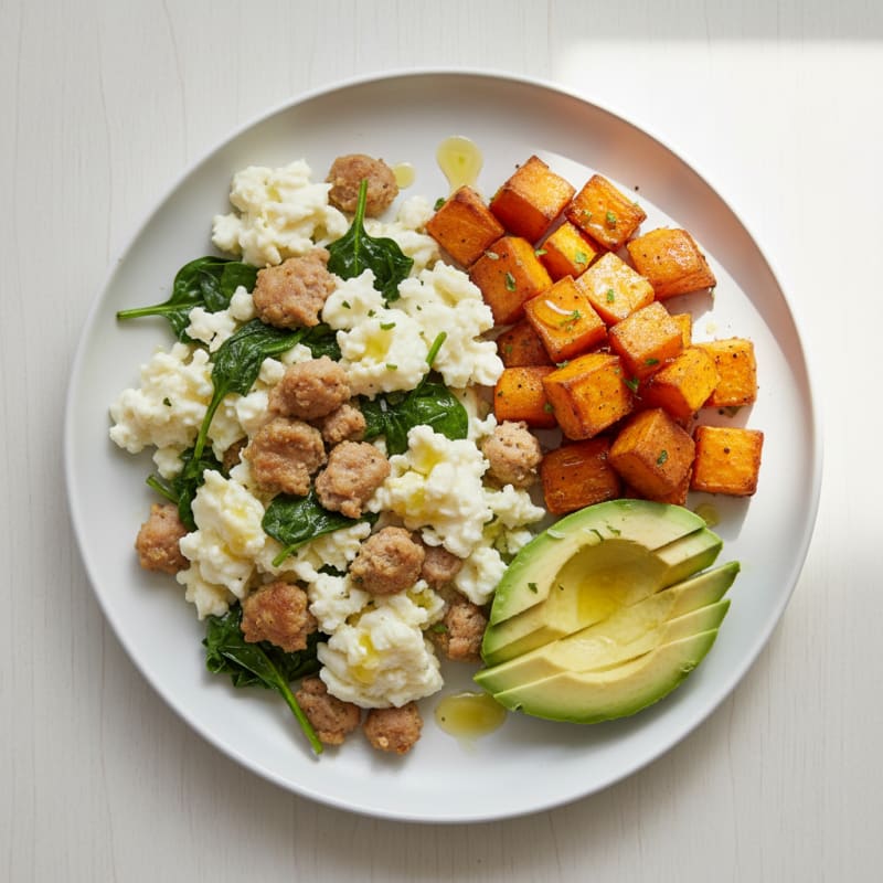 Egg White Scramble with Spinach, Turkey Sausage, and Roasted Sweet Potato