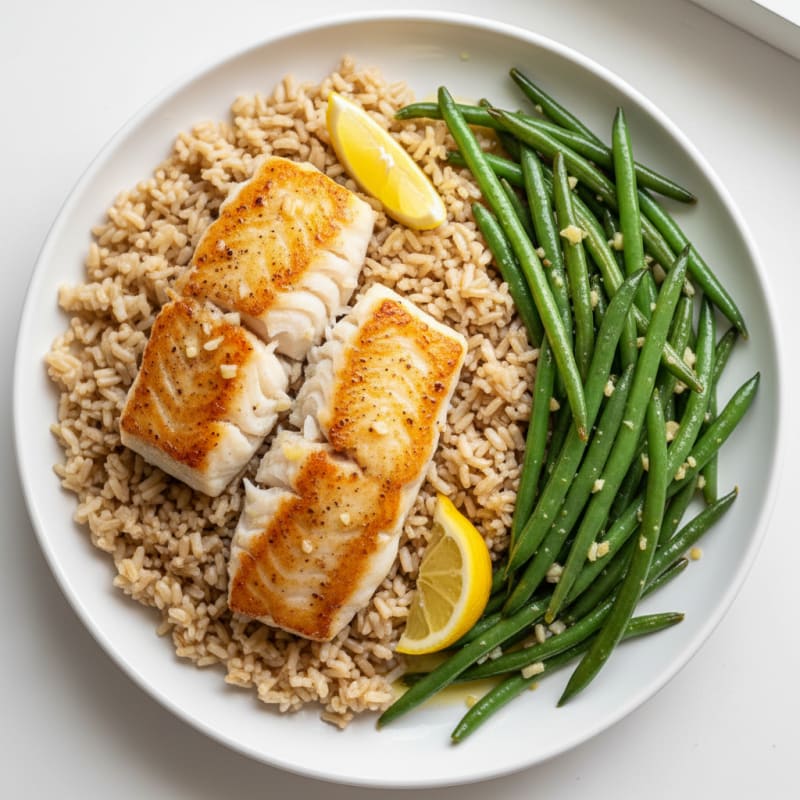 Pan-Seared Cod with Garlic Green Beans and Brown Rice