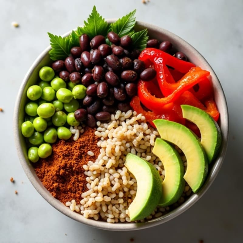 Spicy Black Bean and Avocado Rice Bowl with Roasted Peppers