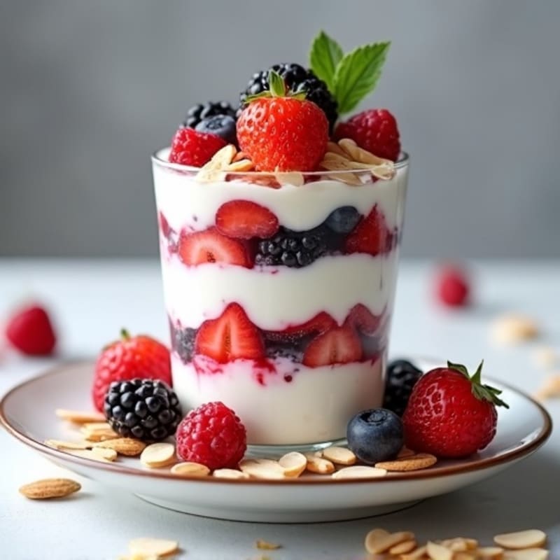 Greek Yogurt Protein Parfait with Mixed Berries and Almonds