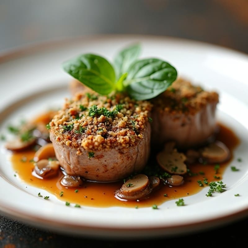 Herb-Crusted Moose Tenderloin with Wild Mushroom Sauce
