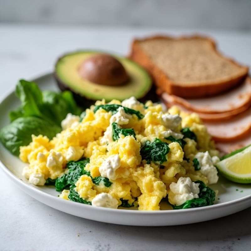 Egg White and Spinach Scramble with Cottage Cheese and Sliced Turkey