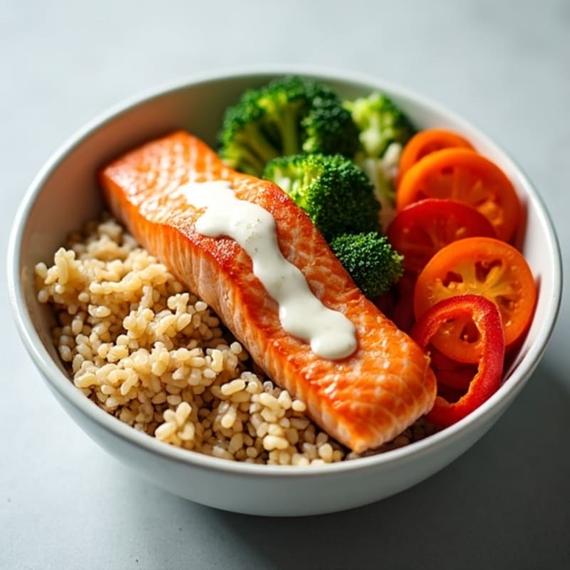 Fresh Salmon and Crispy Vegetable Rice Bowl with Creamy Sesame Dressing