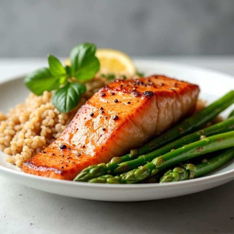 Seared Salmon Fillet with Steamed Asparagus and Brown Rice