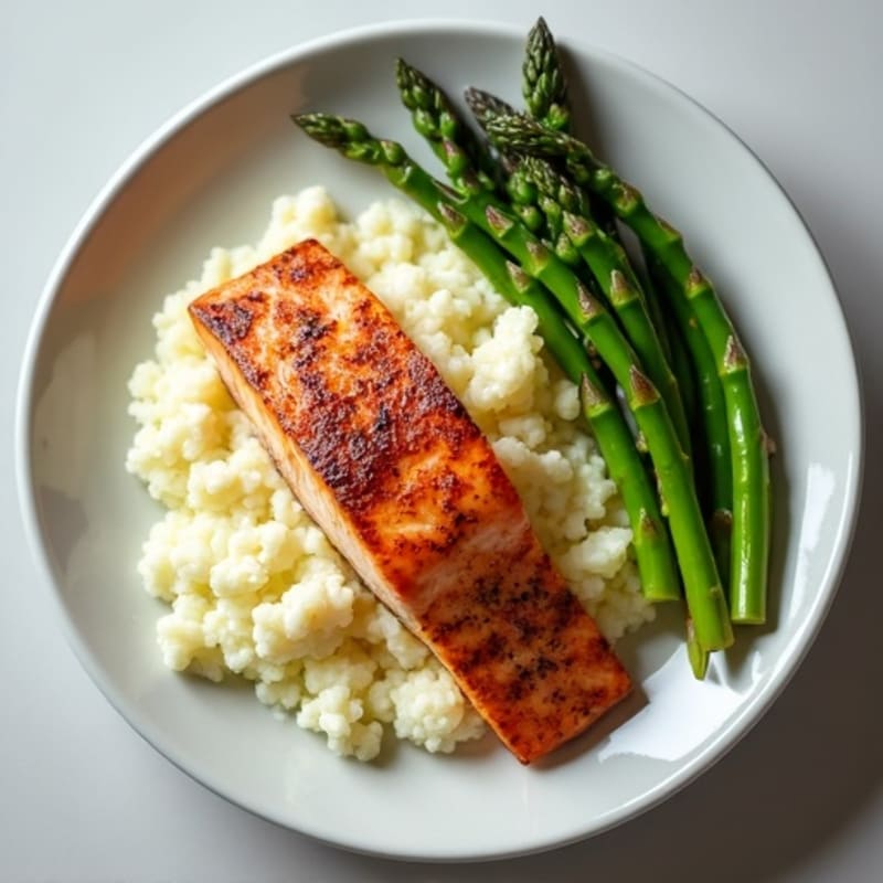 Seared Salmon Fillet with Steamed Asparagus and Garlic Mashed Cauliflower