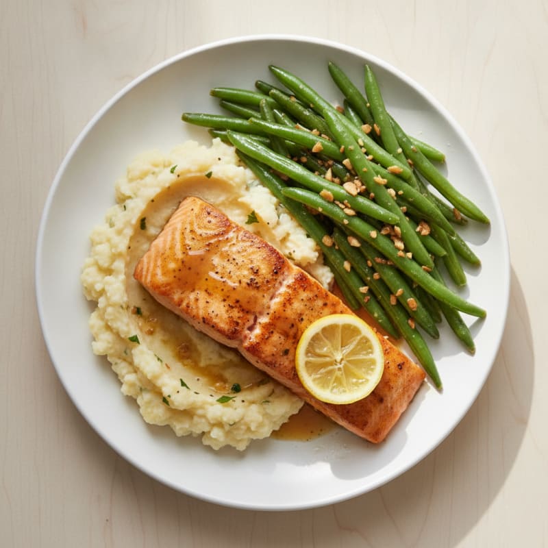 Seared Salmon with Garlic Green Beans and Cauliflower Mash
