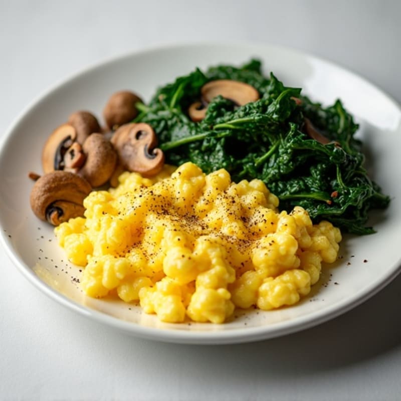 Fluffy Scrambled Eggs with Sautéed Spinach and Mushrooms