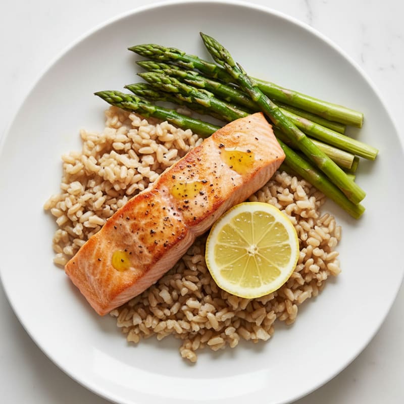 Seared Salmon with Steamed Asparagus and Brown Rice
