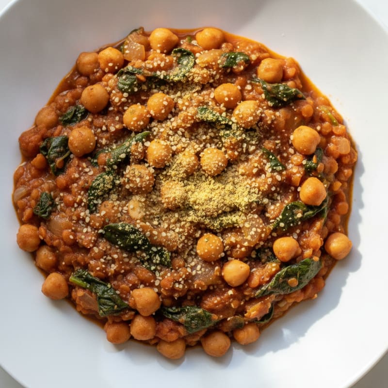 Lentil and Chickpea Stew with Leafy Greens and Hemp Seeds