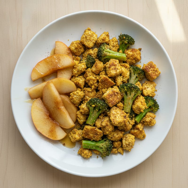 Crispy Tofu and Broccoli Scramble with Sautéed Apples
