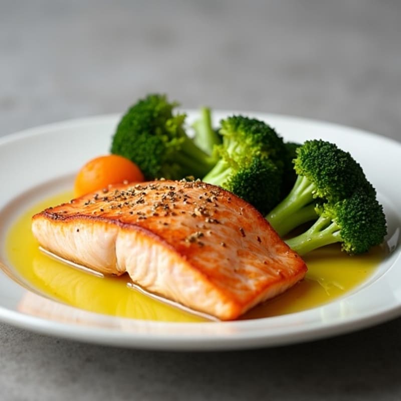 Seared Salmon with Roasted Sweet Potatoes and Steamed Broccoli