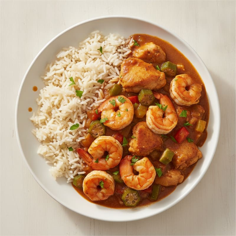 Chicken and Shrimp Gumbo with Basmati Rice