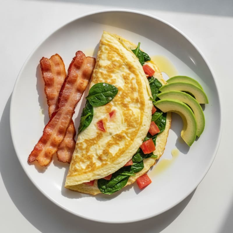 Egg White Spinach Omelet with Turkey Bacon and Fresh Tomato