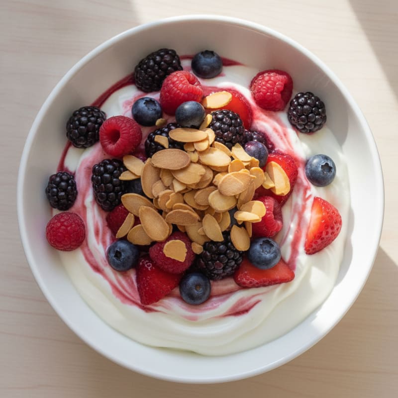 Greek Yogurt Protein Parfait with Mixed Berries and Almonds