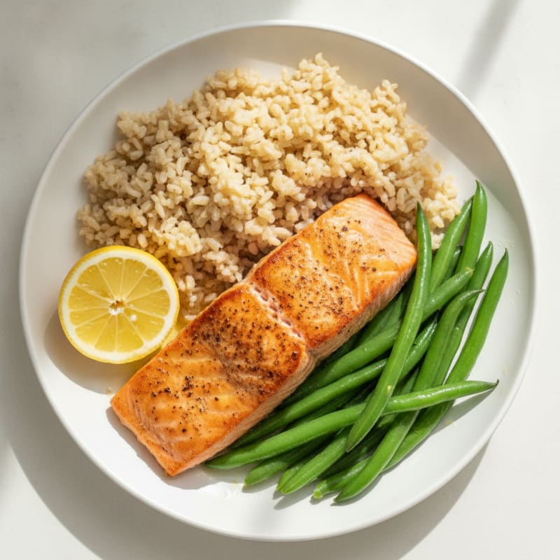 Seared Salmon with Steamed Green Beans and Brown Rice