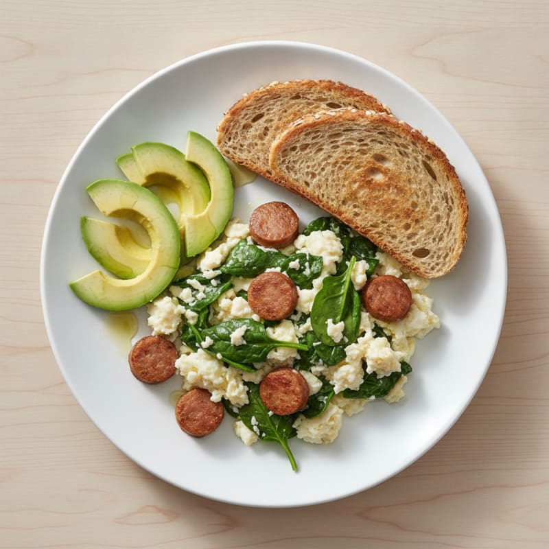 Egg White Spinach Scramble with Turkey Sausage