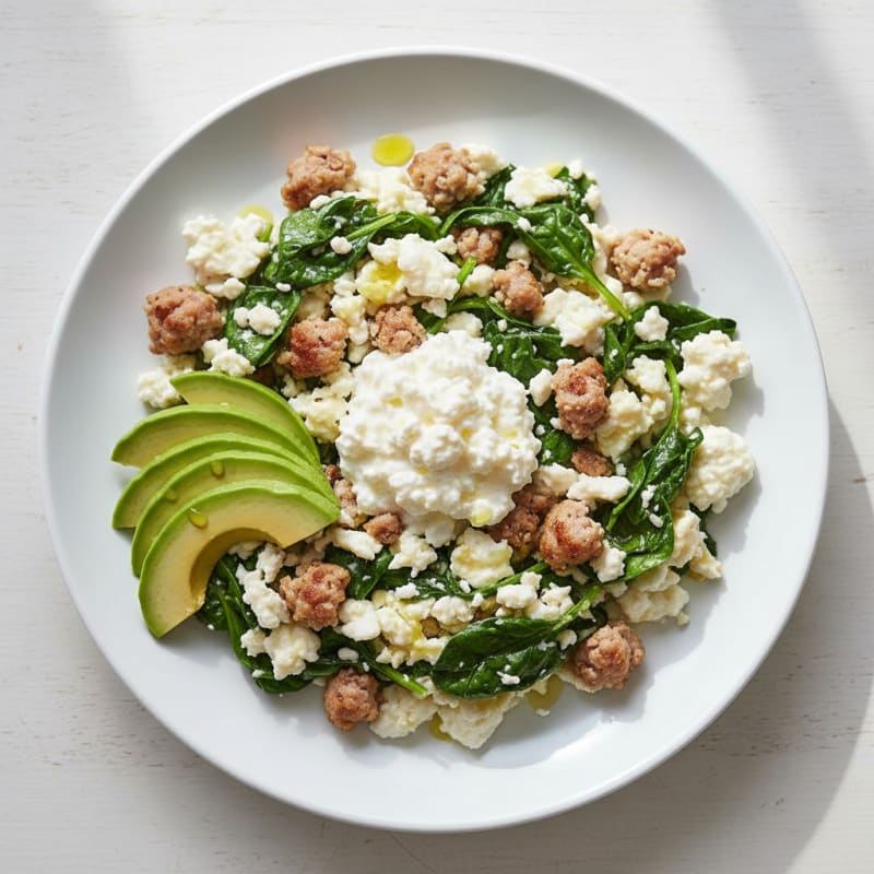 Egg White and Turkey Sausage Scramble with Spinach and Cottage Cheese