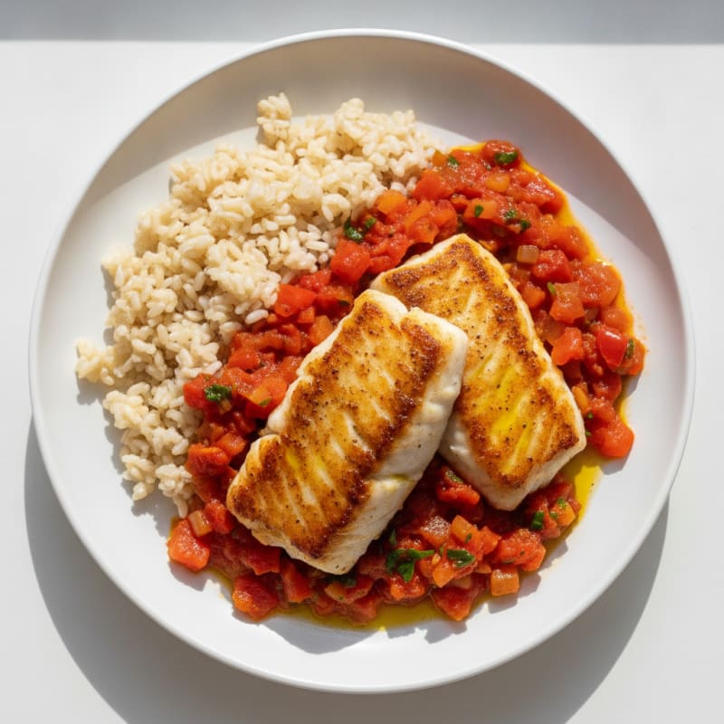 Seared Cod with Spiced Tomato Sofrito and Steamed Brown Rice
