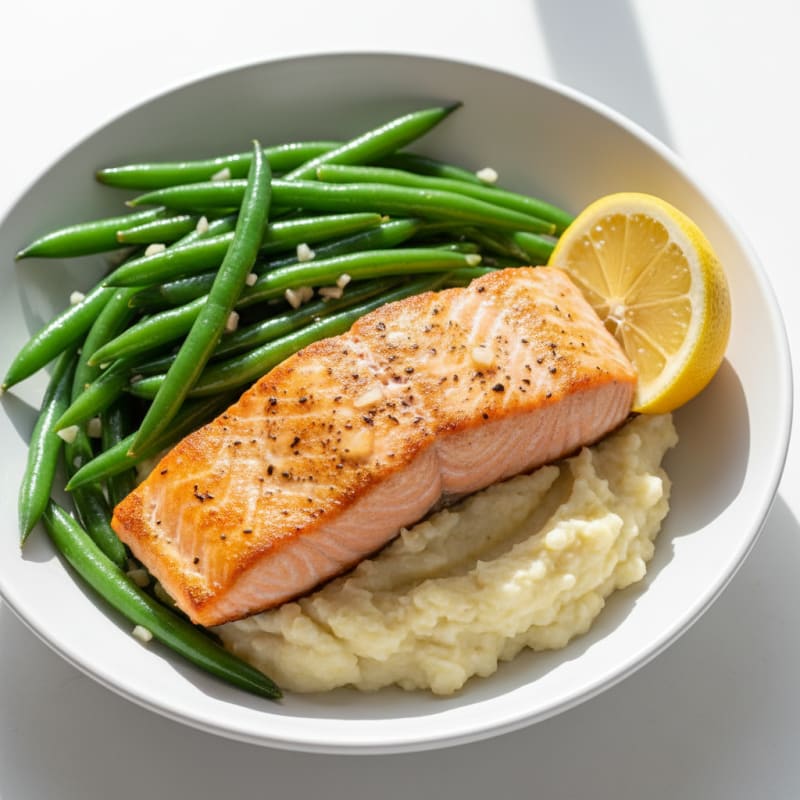 Seared Salmon with Garlic Green Beans and Cauliflower Mash