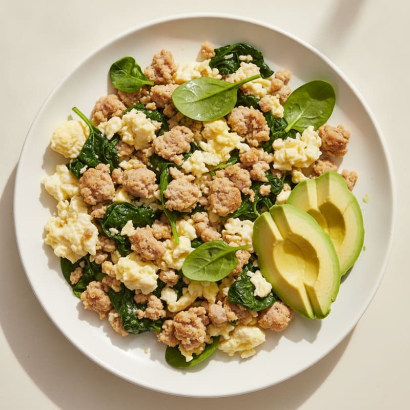 Egg White and Turkey Sausage Scramble with Sautéed Spinach