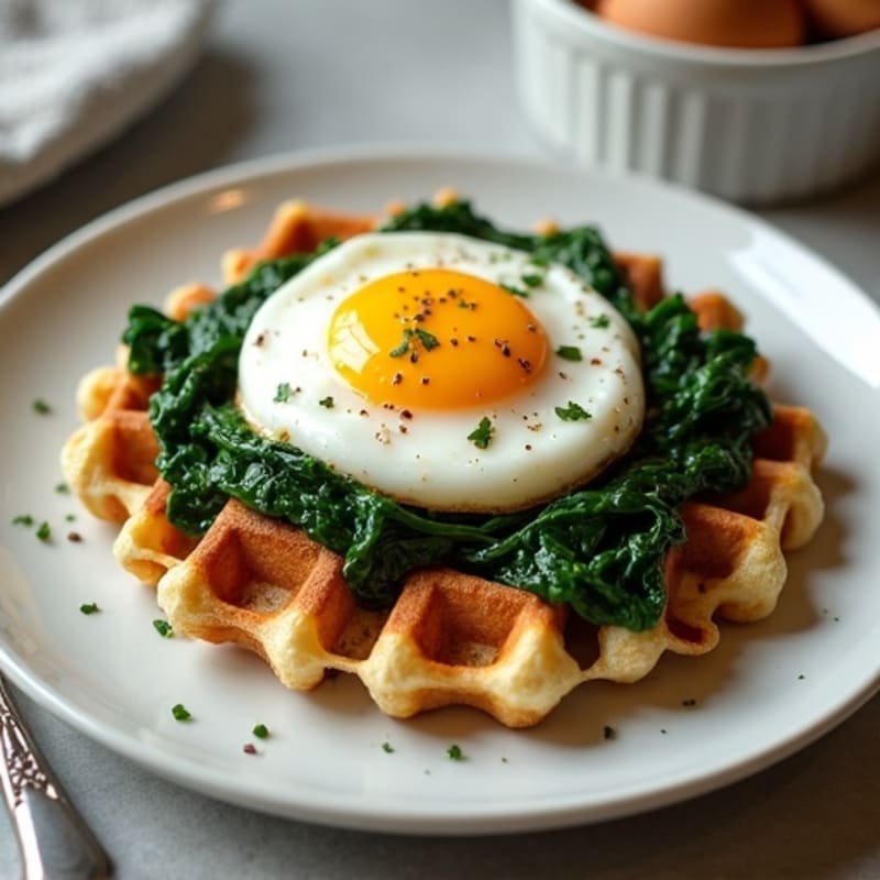 Crispy Savory Protein Waffles with Sautéed Spinach and Poached Egg