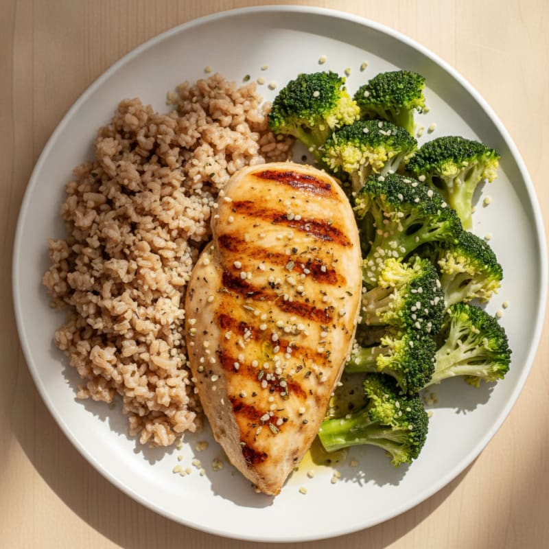Grilled Lemon Herb Chicken with Steamed Broccoli and Brown Rice