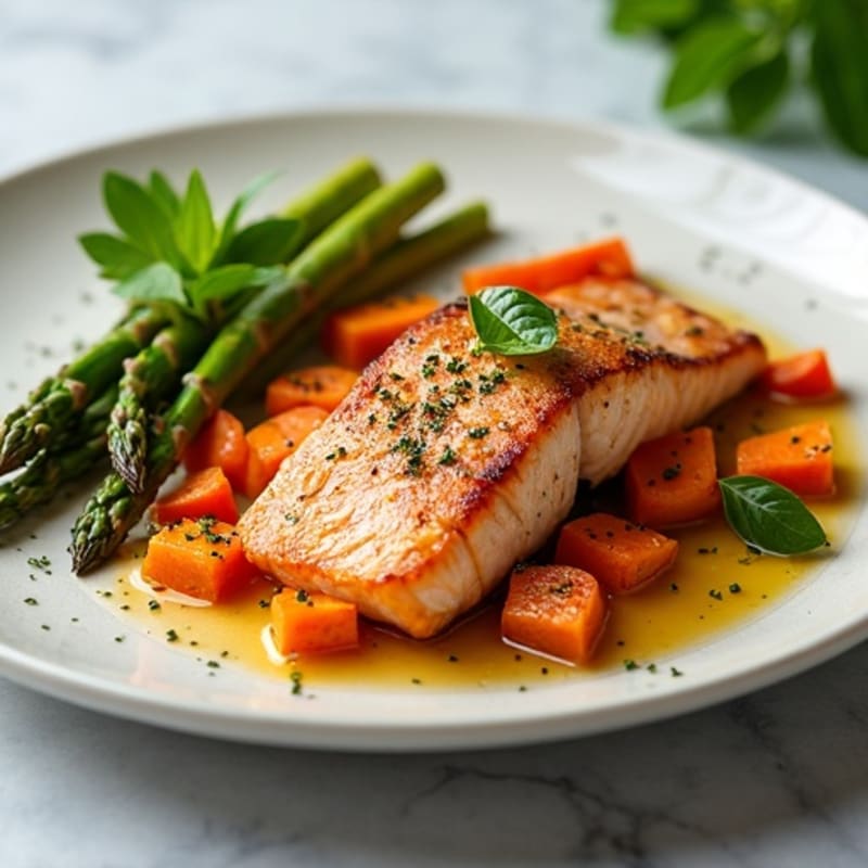 Seared Salmon Fillet with Roasted Sweet Potato and Asparagus