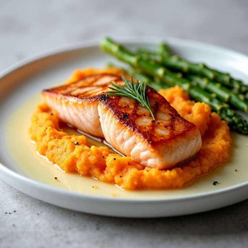 Seared Salmon Fillet with Steamed Asparagus and Sweet Potato Mash