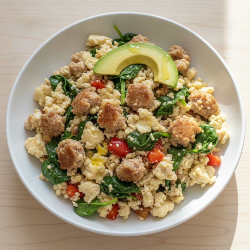 Egg White and Spinach Scramble with Turkey Sausage