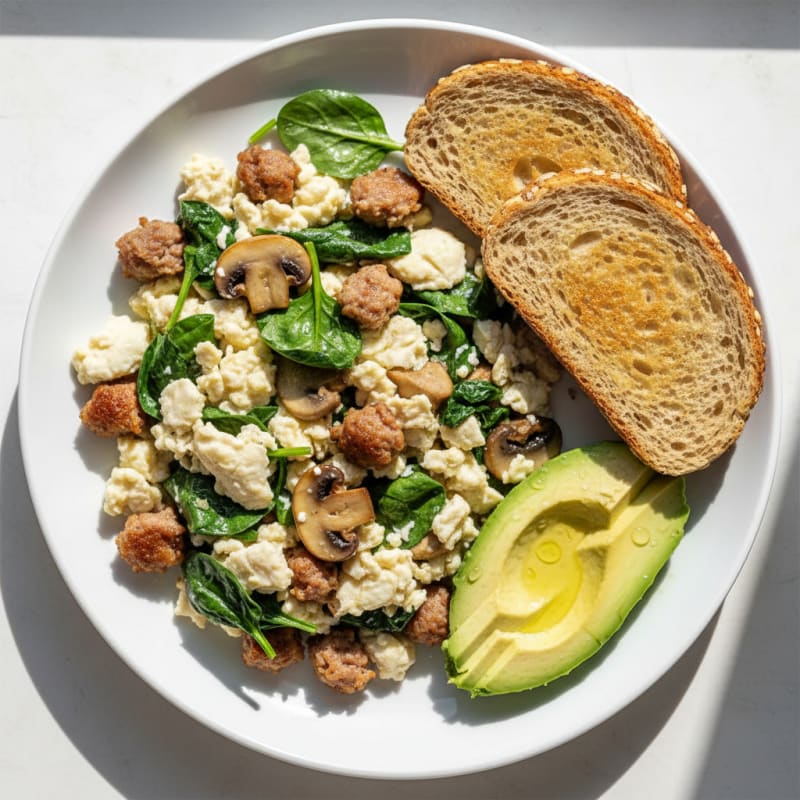 Egg White Spinach Scramble with Turkey Sausage and Sautéed Mushrooms
