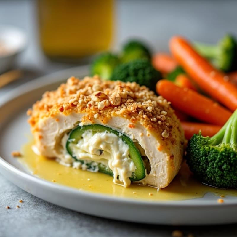 Spicy Creamy Jalapeño Stuffed Chicken with Crispy Topping and Roasted Vegetables