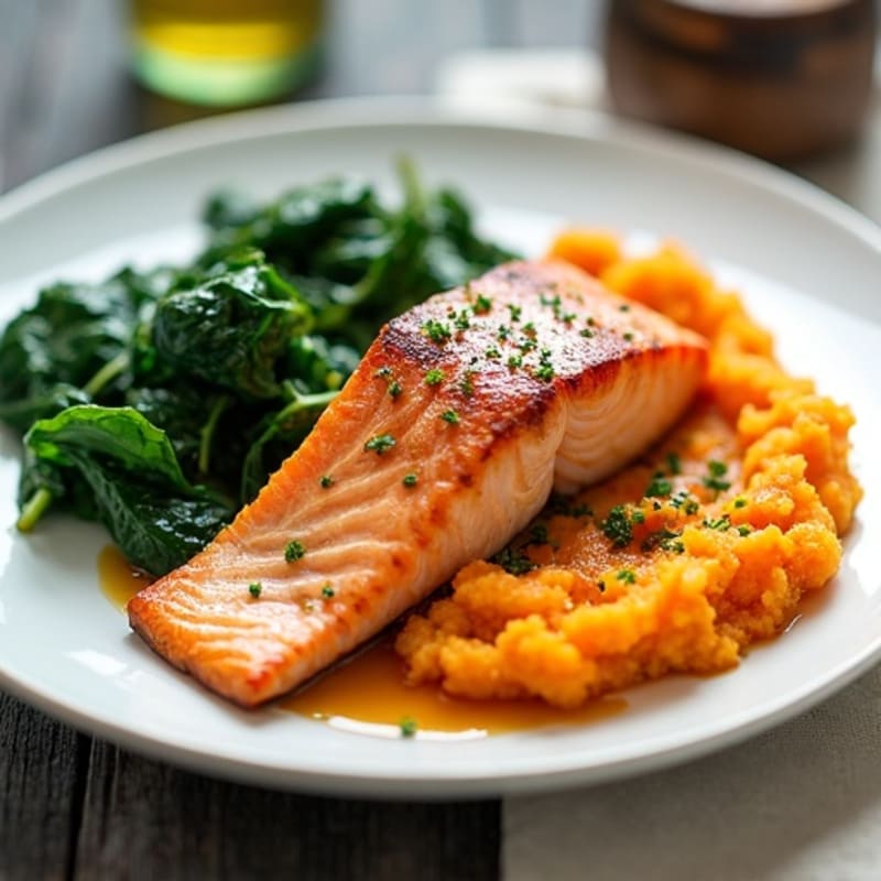Seared Salmon with Garlic Spinach and Sweet Potato Mash