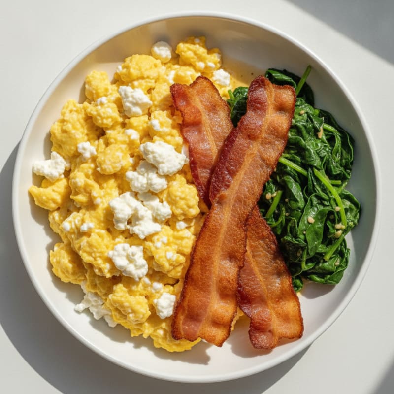 Creamy Cottage Cheese Scramble with Sautéed Spinach and Turkey Bacon