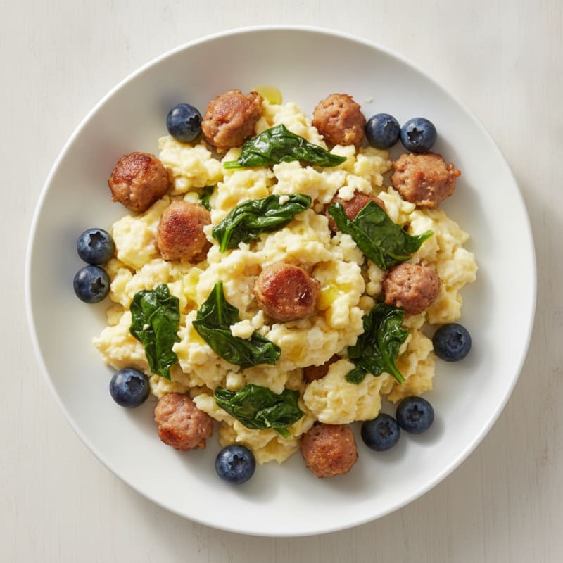 Egg White Scramble with Turkey Sausage and Sautéed Spinach